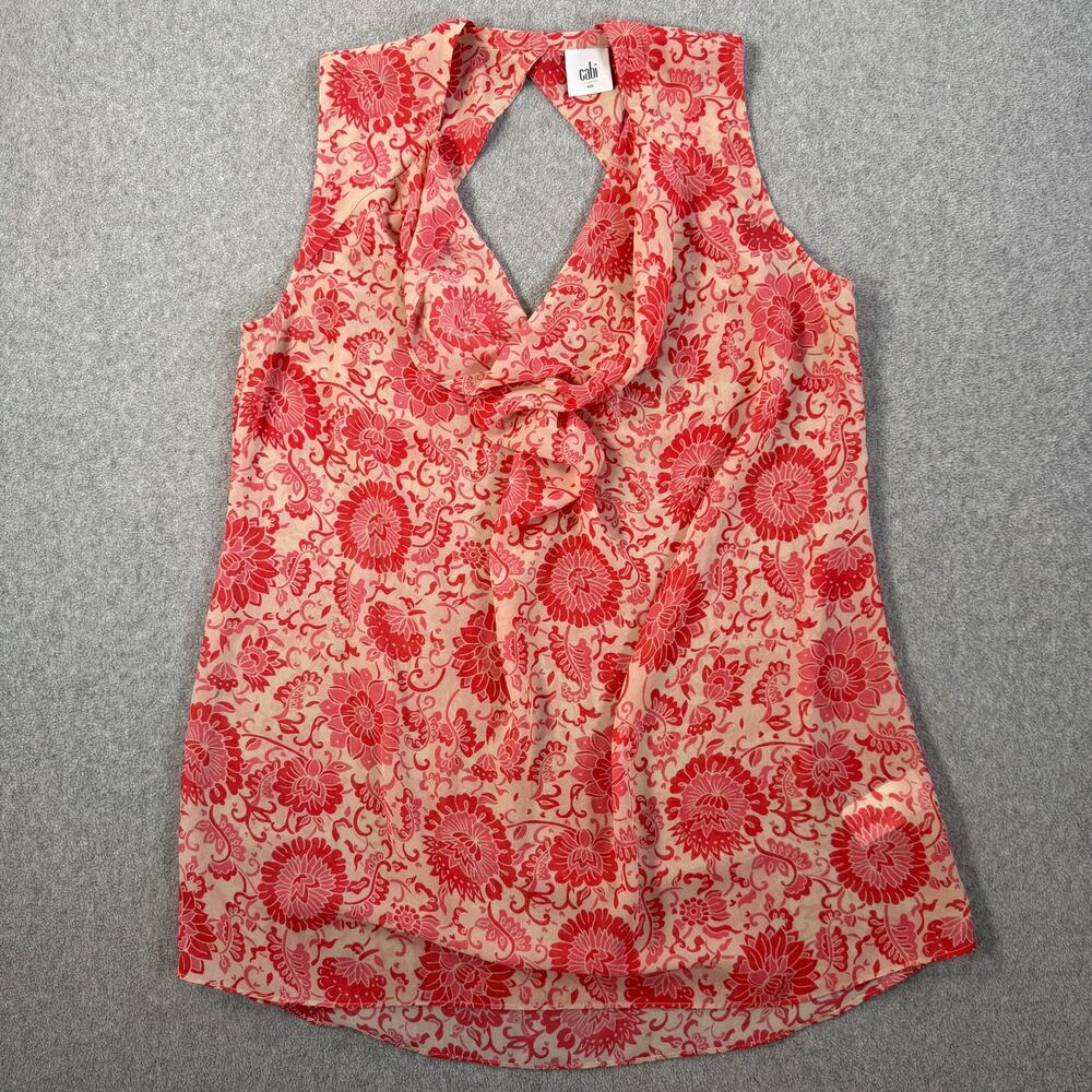 Cabi Women's Small Pink Red Sheer Cowl Neck Sleeveless Blouse Keyhole Back Top